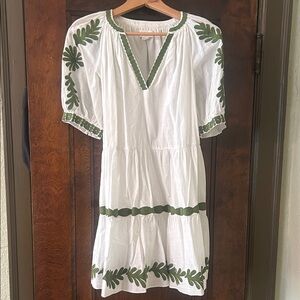 Velvet by Graham & Spencer White Cotton Mini Dress with Green Embroidery
